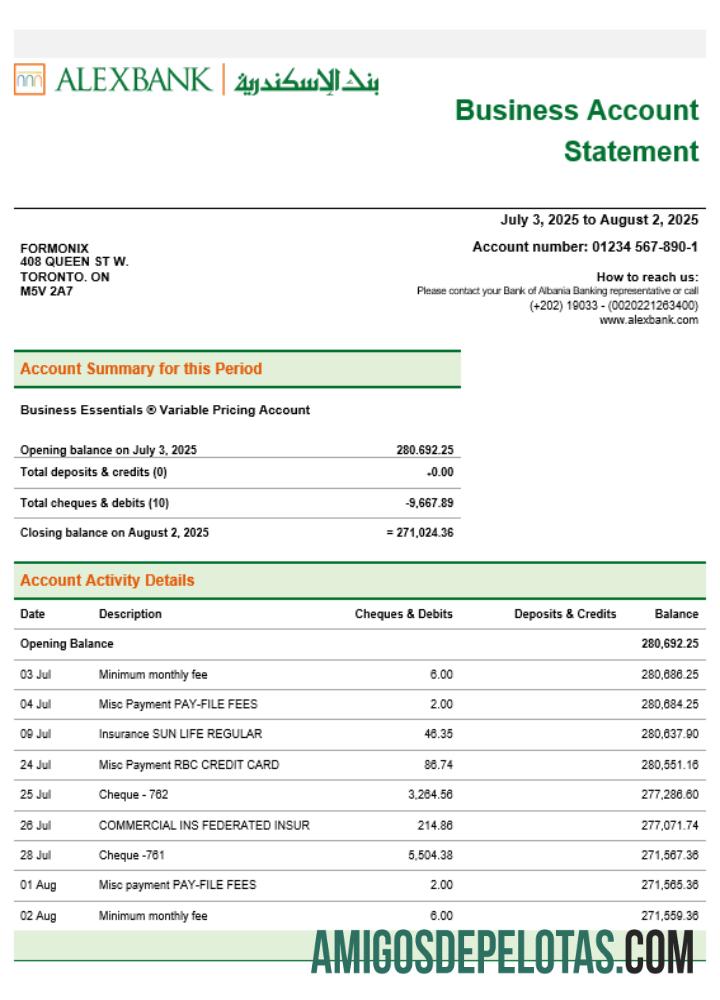 Extrato da empresa Alex Bank em formato Word e PDF exemplo real
